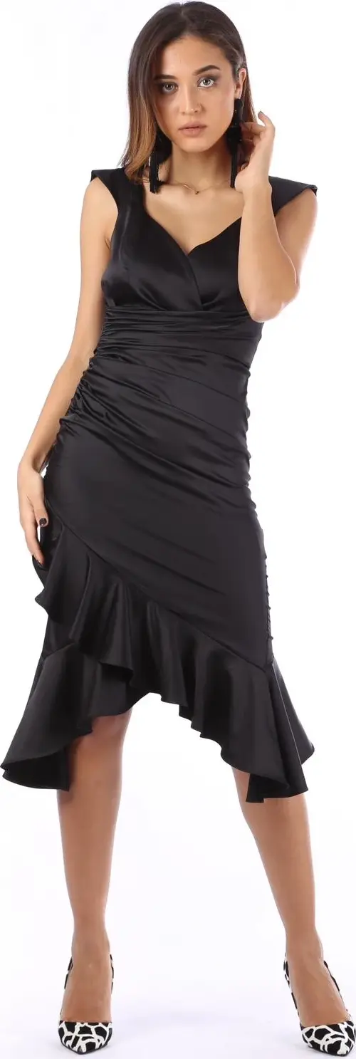 Kadın Asimetrik Tasarım Volanlı Midi Boy Abiye Elbise