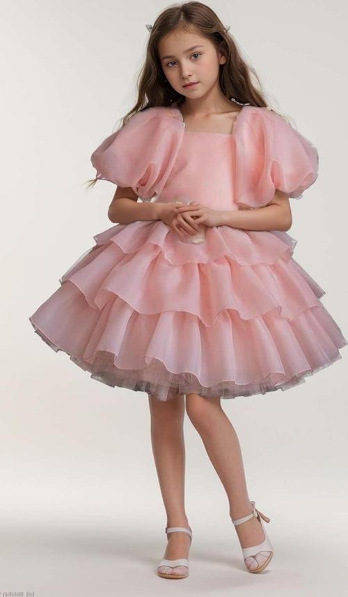 Kız Çocuk Balon Kollu Eteği KatKat Fırfırlı İçi Astarlı Somon Abiye