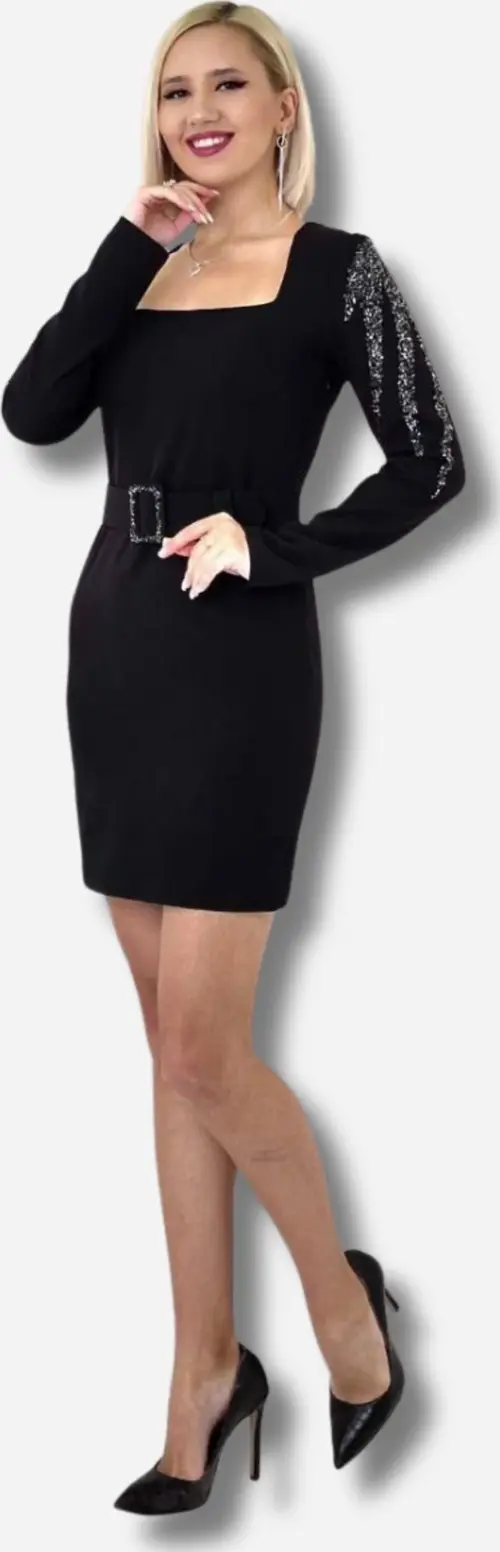 Kadın Kol Kısmı Sim Varak İşlemeli Kemer Detaylı Mini Şık Abiye Elbise