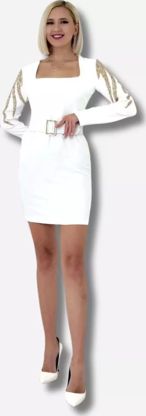 Kadın Kol Kısmı Sim Varak İşlemeli Kemer Detaylı Mini Şık Abiye Elbise