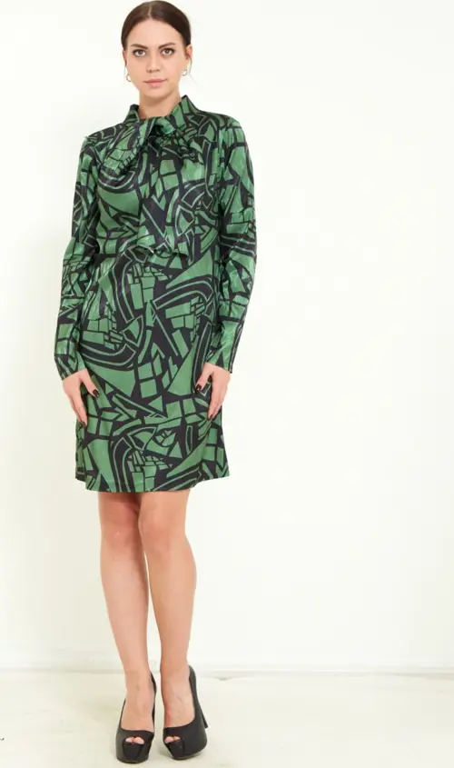 Kadın Dijital Desen Baskı Detaylı Kemerli Şal Yaka Şık Mini Elbise