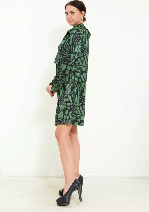 Kadın Dijital Desen Baskı Detaylı Kemerli Şal Yaka Şık Mini Elbise