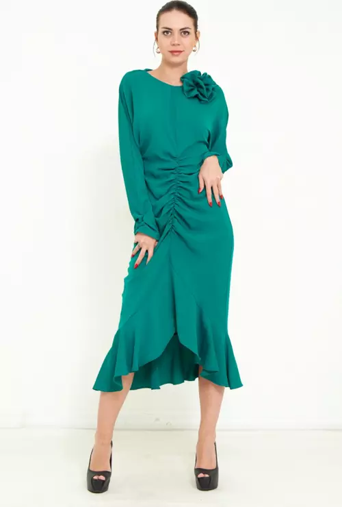 Kadın Önden Büzgülü Uzun Kol Midi Elbise