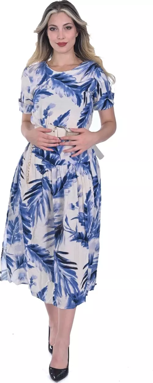 MODATALIKA Kadın Yaprak Desenli Keten Yırtmaçlı Elbise