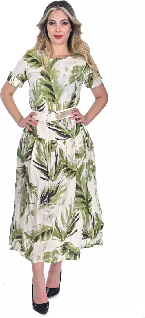 MODATALIKA Kadın Yaprak Desenli Keten Yırtmaçlı Elbise