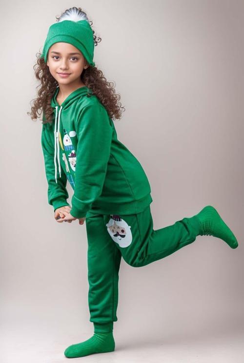 Kız Erkek Kardan Adam ve Yazı Baskılı Bereli Yeni Yıl Yeşil Eşofman Takım