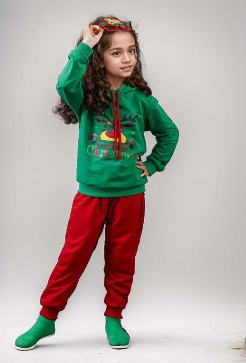 Kız Erkek Merry Christmas ve Geyik Baskılı Yeni Yıl Yeşil Eşofman Takım