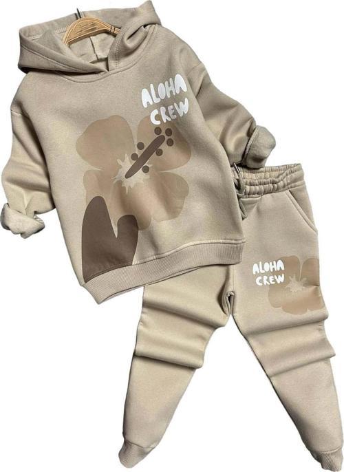 Kız Çocuk Aloha Crew Digital Baskı Kapüşonlu Bej Eşofman Takım