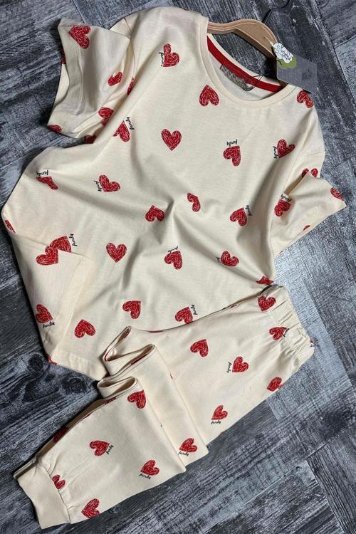 Kız Çocuk Küçük Sevimli Kalp Baskılı T-Shirt Krem Pijama Takımı 8-14 Yaş