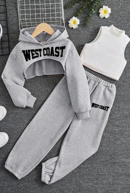 Kız Çocuk Kolsuz Bluz West Coast Baskı Kapüşonlu Crop Kaşkorse 3'lü Gri Eşofman Takım