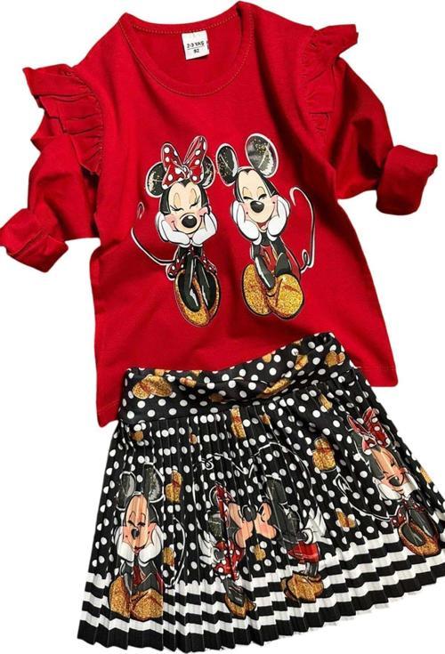 Kız Çocuk Kolları Fırfır Detaylı Mickey Baskı Bluz Kırmızı Piliseli Etekli Takım
