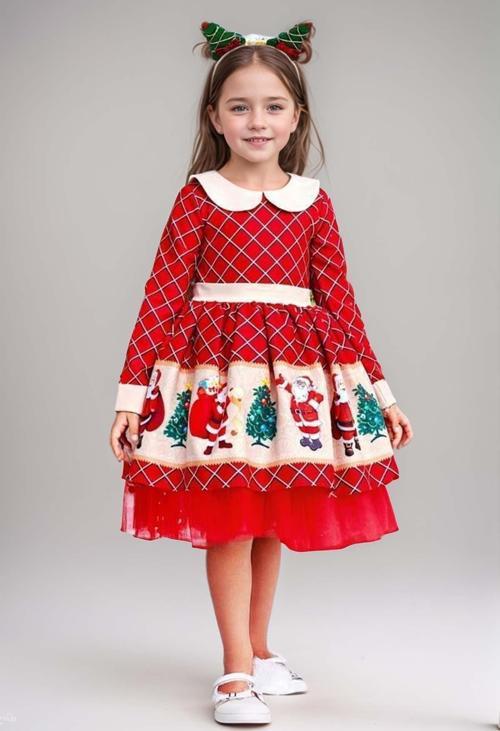 Kız Çocuk Ekose Detaylı Noel Baba Baskılı Bebe Yaka Noel Kırmızı Elbise