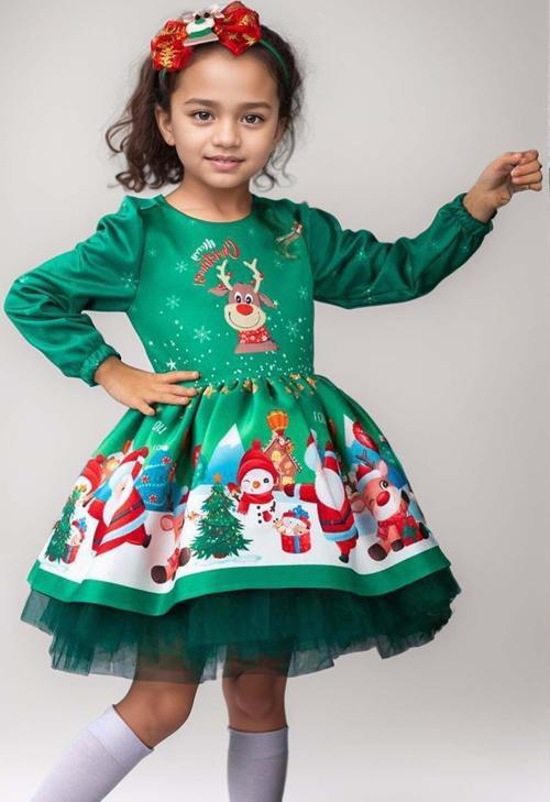 Kız Çocuk Merry Christmas ve Geyik Baskılı Yeni Yıl Yeşil Elbise
