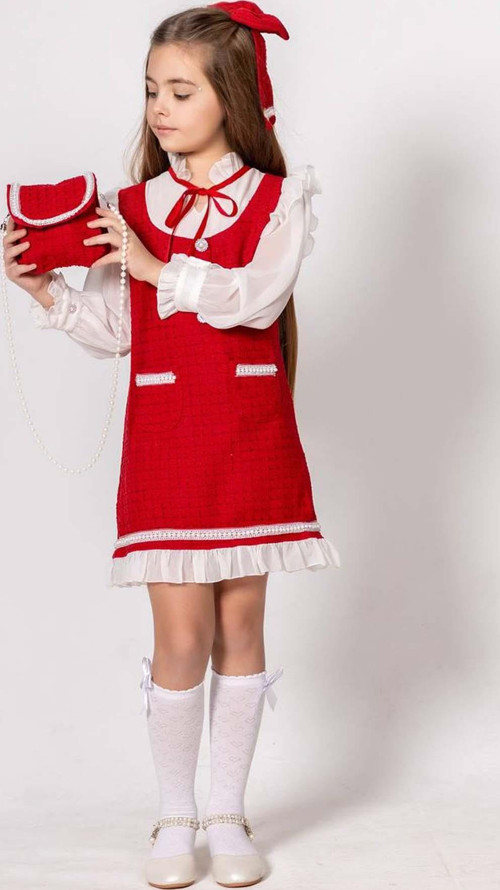 Kız Çocuk Kolları ve Yakası Şifon Etek Ucu Fırfırlı İnci İşlemeli Çift Cepli Kırmızı Triko Elbise