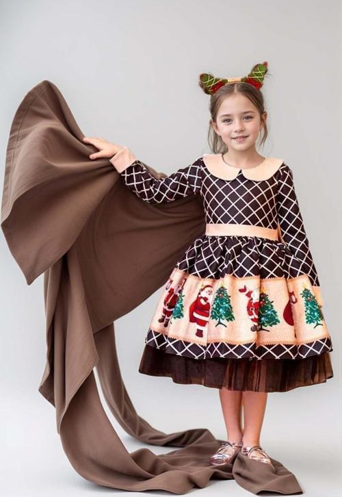 Kız Çocuk Ekose Detaylı Noel Baba Baskılı Bebe Yaka Noel Siyah Elbise