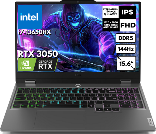 LOQ 15IRX9 i7-13650HX 64 GB 512 GB SSD 6 GB RTX3050(95W) 15.6" FHD 144 Hz Windows 11 Pro Gaming Notebook 83DV011ATR BT69