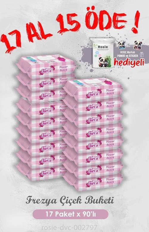 17 Al 15 Öde Frezya Çiçek Buketi 90 Yaprak Islak Havlu ve Rosie