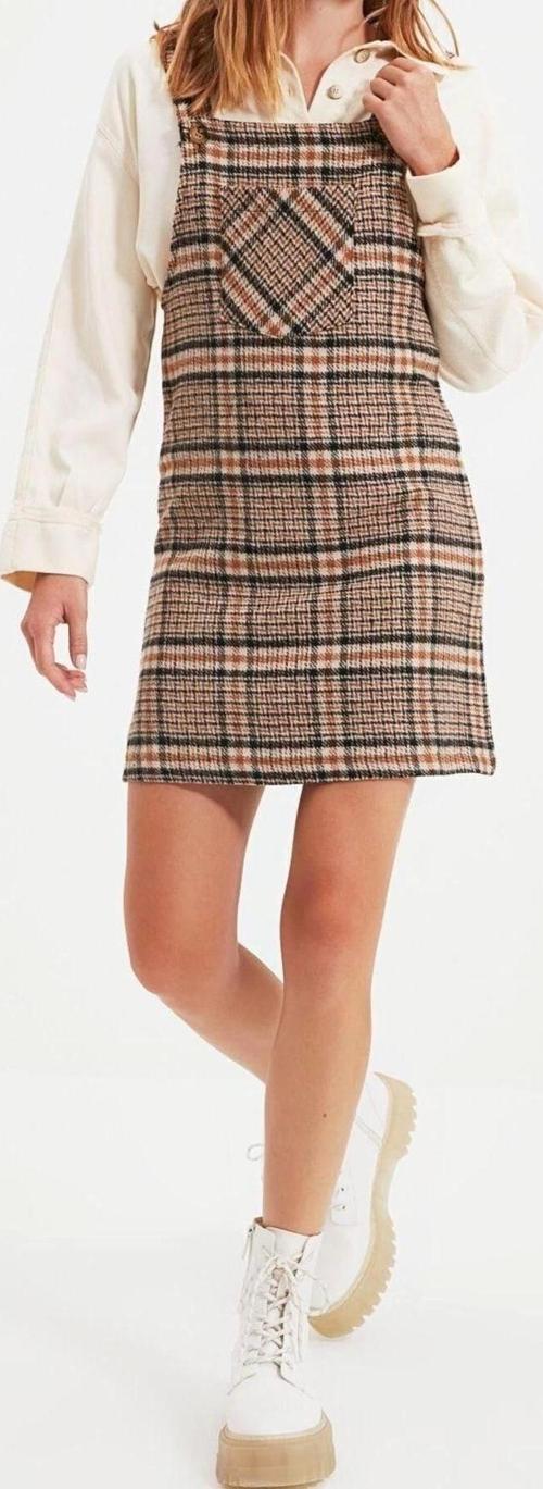 Moda Fit Casual Günlük Flanel Dokuma Kare Yaka Askılı Kol Jile Mini Boy Elbise