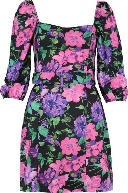 Moda Fit Gündüz Gece Queen Crep Dokuma Kare Yaka Truvakar Kol Kol Bodycone Mini Boy Elbise