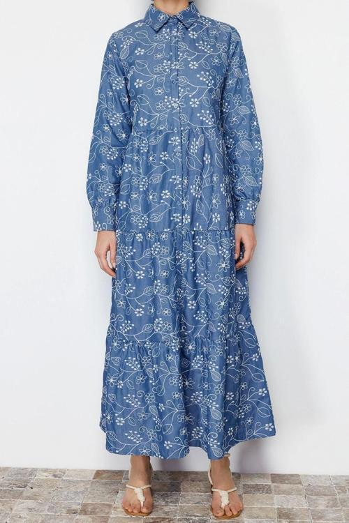 Moda Gömlek Elbise Günlük Brode Dokuma Gömlek Yaka Uzun Kol Gömlek Elbise Maxi Boy Tesettür Elbise