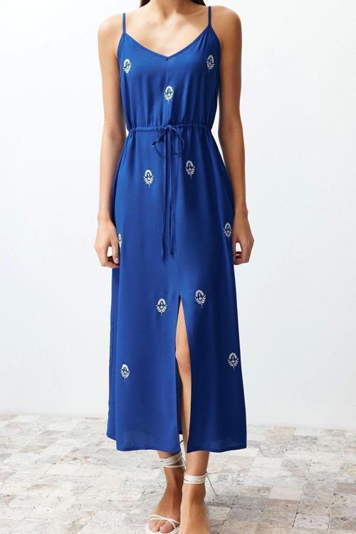 Moda Regular Casual Günlük Shally Dokuma V Yaka Askılı Kol A-Line Maxi Boy Elbise