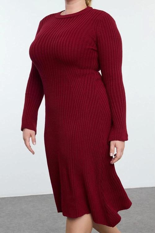 Moda Stil Fitted Bisiklet Yaka Midi Boy Büyük Beden Bordo Fitilli Triko Elbise