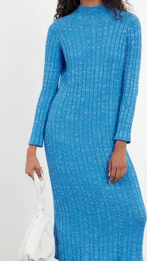 Moda Stil Fitted Dik Yaka Midi Boy Tesettür Denim Yıkamalı Saç Örgülü Triko Elbise