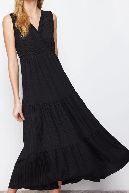 Moda Stil Kloş Kruvaze Maxi Boy Siyah V Yaka Kolsuz A-Line Örme Elbise