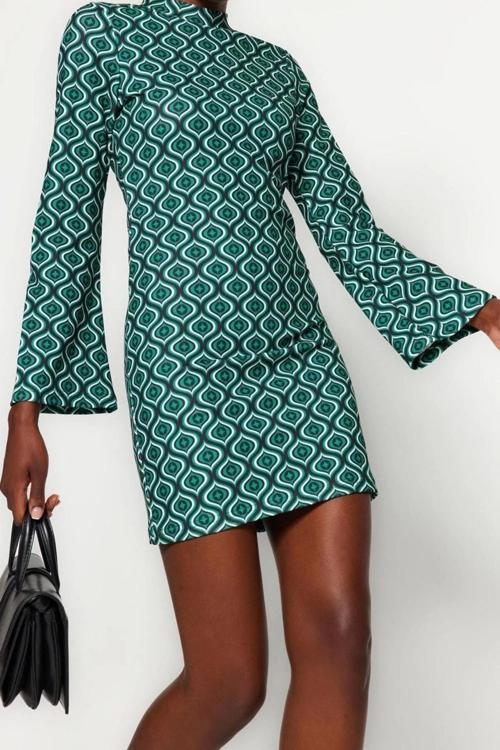 Moda Slim Business Krep Örme Dik Yaka Uzun Kol Bodycone Mini Boy Elbise