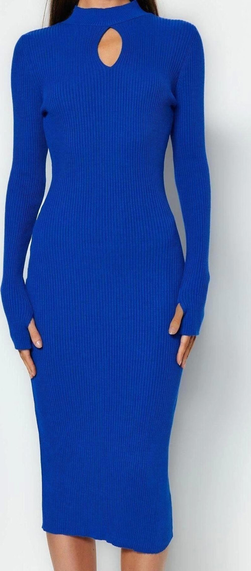 Moda Slim Gündüz Gece Tek Plaka Triko Dik Yaka Uzun Kol Bodycone Midi Boy Elbise