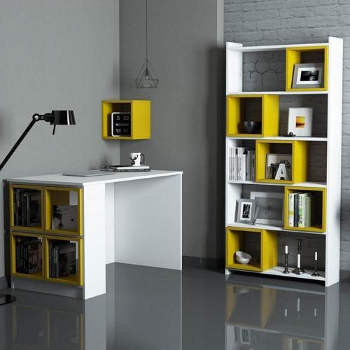 Box Çalışma Masası Ve Kitaplık Takımı Beyaz Sarı