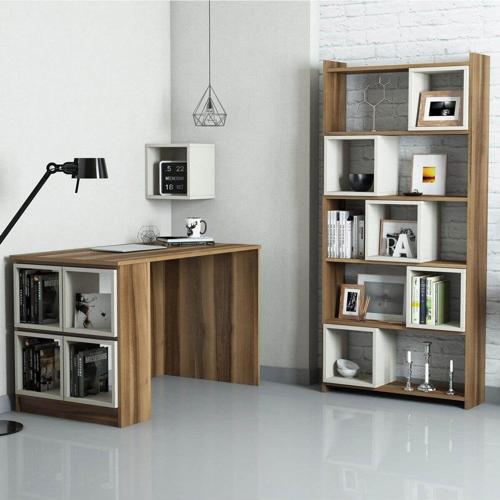 Box Çalışma Masası Ve Kitaplık Takımı - Ceviz - Krem