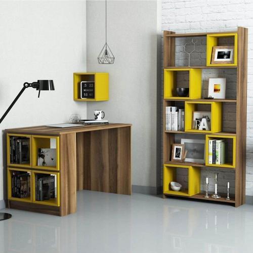 Box Çalışma Masası Ve Kitaplık Takımı - Ceviz - Sarı