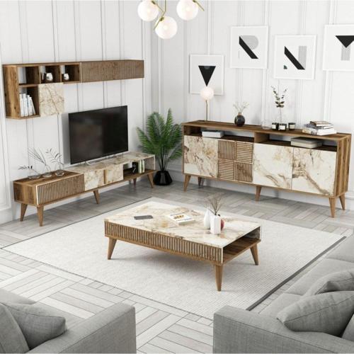 Milan 3'lü Salon Takımı - Ceviz - Beyaz Mermer