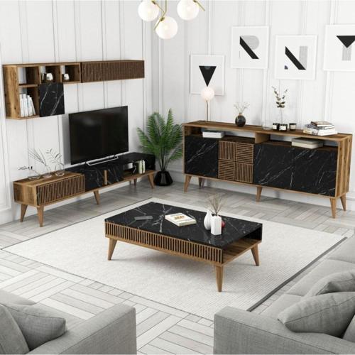 Milan 3'lü Salon Takımı - Ceviz - Siyah Mermer
