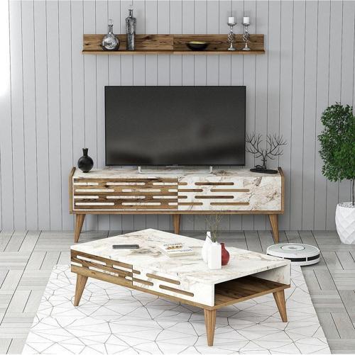 Valensiya 140cm Tv Ünitesi Ve Orta Sehpa Takımı - Ceviz - Beyaz Mermer