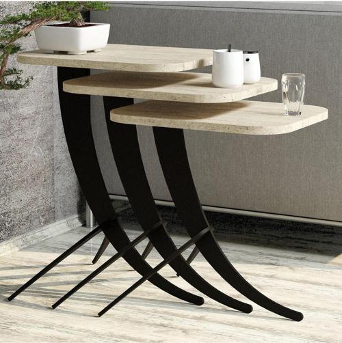 Pion Metal Ayaklı 3'lü Zigon Sehpa - Traverten