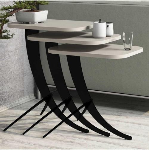 Pion Metal Ayaklı 3'lü Zigon Sehpa - Krem