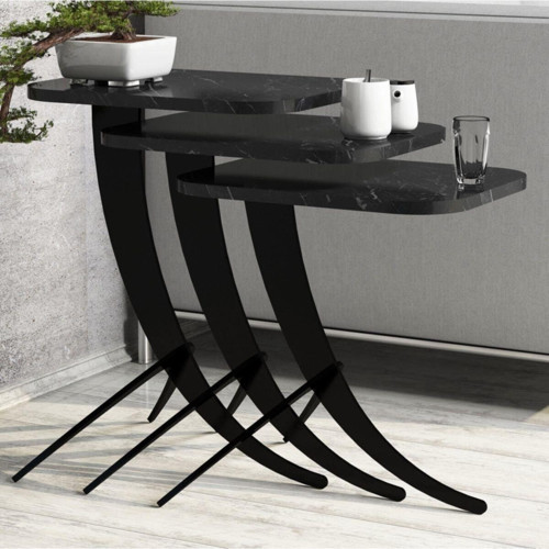 Pion Metal Ayaklı 3'lü Zigon Sehpa - Mermer Siyah