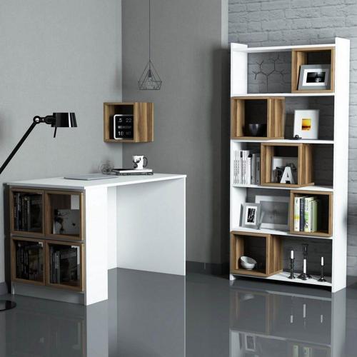 Box Çalışma Masası Ve Kitaplık Takımı Beyaz Ceviz