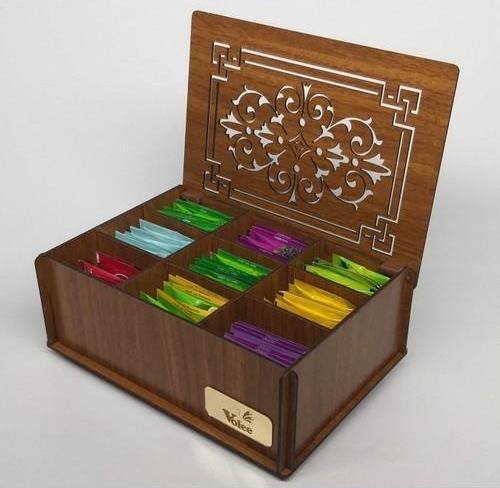 Ahşap Ceviz Renk Çay Kutusu 9 Bölmeli Kapaklı  Poşet Bitki Çayı Saklama Kabı Tea Box ( Çaylar Dahil)