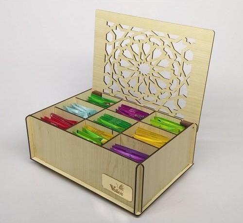 Ahşap Akça Renk Çay Kutusu 9 Bölmeli Kapaklı  Poşet Bitki Çayı Saklama Kabı Tea Box ( Çaylar Dahil)