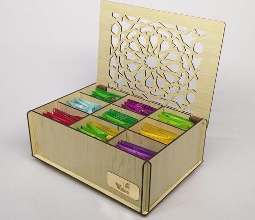 Ahşap (Akça Ağaç) Çay Kutusu 9 Bölmeli Kapaklı Akça Ağaç Poşet Bitki Çayı Saklama Kabı Tea Box ( Çaylar Dahil)