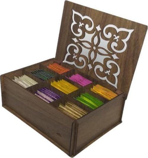 Ahşap Çay Kutusu (Gediz) 9 Bölmeli Kapaklı Poşet Bitki Çayı Saklama Kabı Tea Box  ( 72 Çay Dahil )