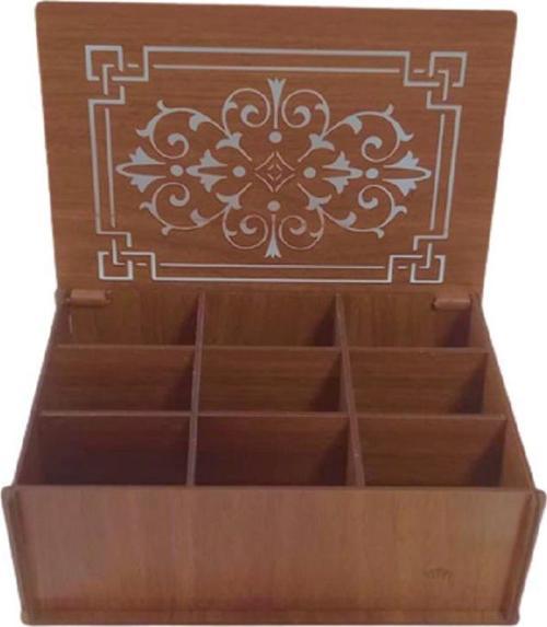 Ahşap Çay Kutusu (Ceviz) 9 Bölmeli Kapaklı Aksesua ve Poşet Bitki Çayı Saklama Kabı Tea Box 