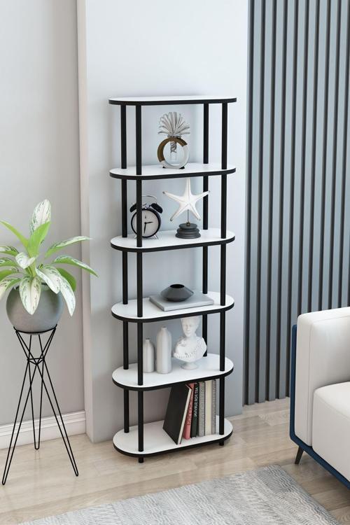 6 Raflı Oval Tasarım Kitaplık Ofis Salon Kitaplığı Modern Şık Tasarım Kitaplık Dosya Rafı