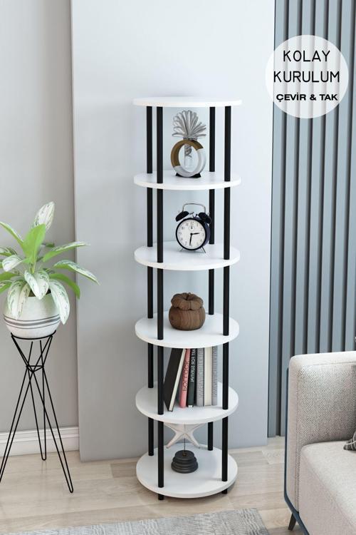 6 Raflı Yuvarlak Tasarım Kitaplık Ofis Salon Kitaplığı Modern Şık Tasarım Kolay Montaj