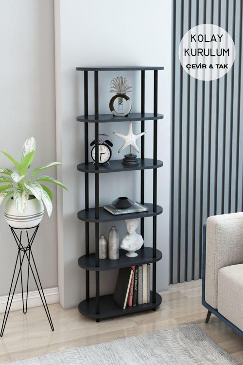 6 Raflı Oval Tasarım Kitaplık Ofis Salon Kitaplığı Modern Şık Tasarım Kitaplık Dosya Rafı