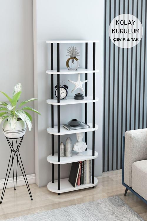 6 Raflı Oval Tasarım Kitaplık Ofis Salon Kitaplığı Modern Şık Tasarım Kitaplık Dosya Rafı