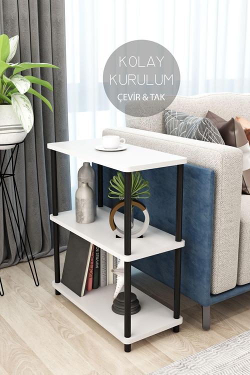 3 Raflı Dikdörtgen Model Yan Sehpa Kitaplık Özel Tasarım Demir Ayak